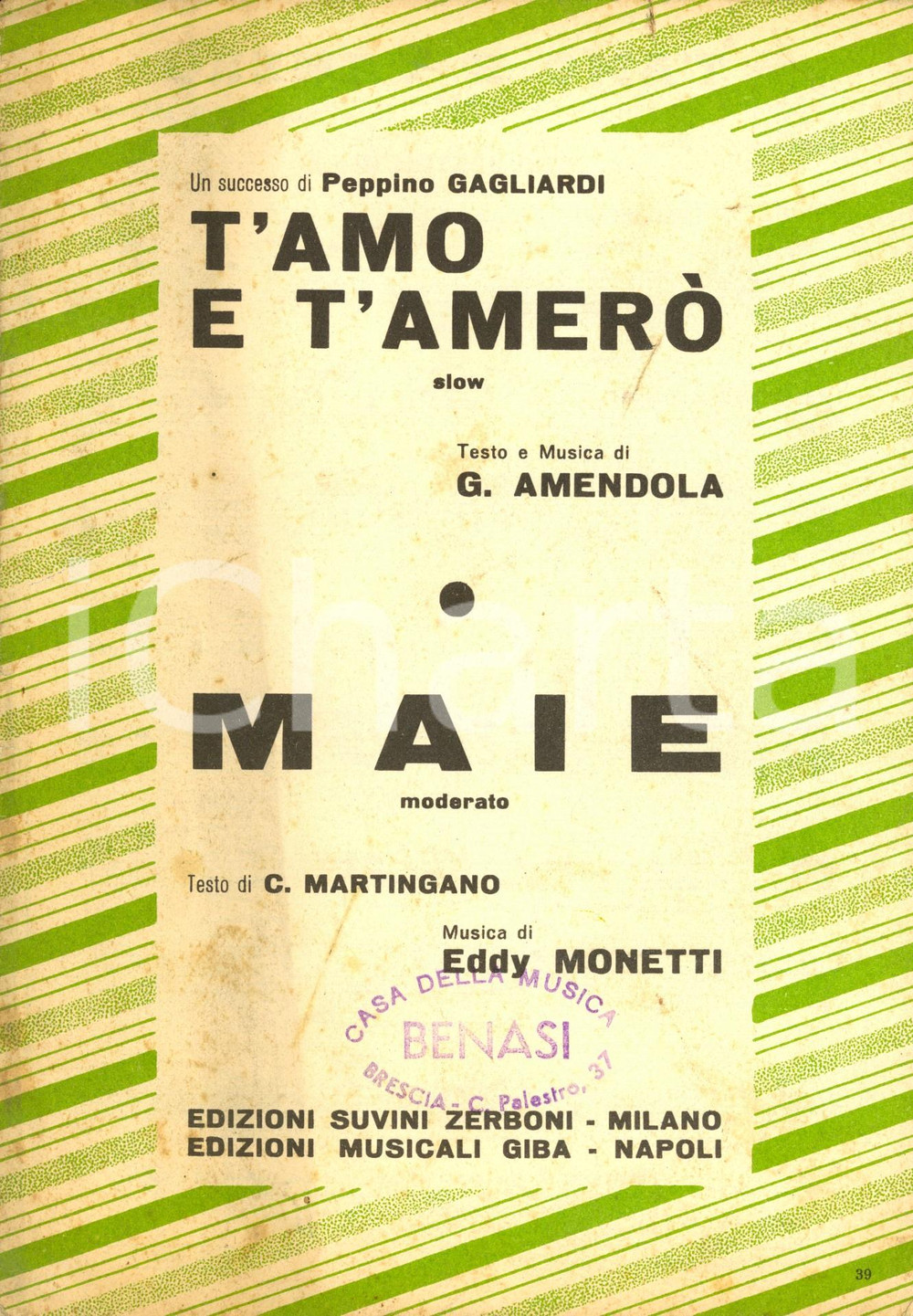 Oggetto da collezione cartaceo 1964 G. AMENDOLA T'amo e t'amerÃ² - C. MARTIGNANO E. MONETTI Maie *Spartito 1