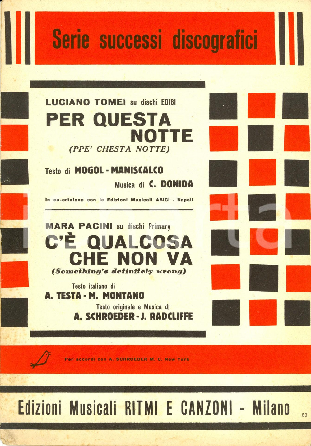 Oggetto da collezione cartaceo 1966 Luciano TOMEI Per questa notte - Mara PACINI C'Ã¨ qualcosa che non va 1