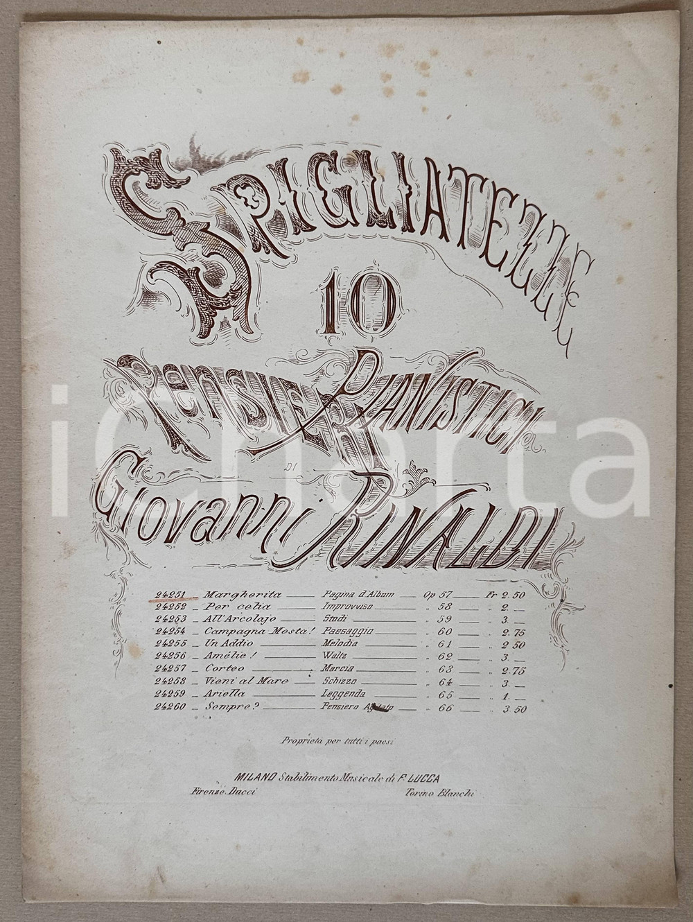 Oggetto da collezione cartaceo 1870 ca Giovanni RINALDI 'Margherita' Spiagliatezze pensieri pianistici Spartito 1