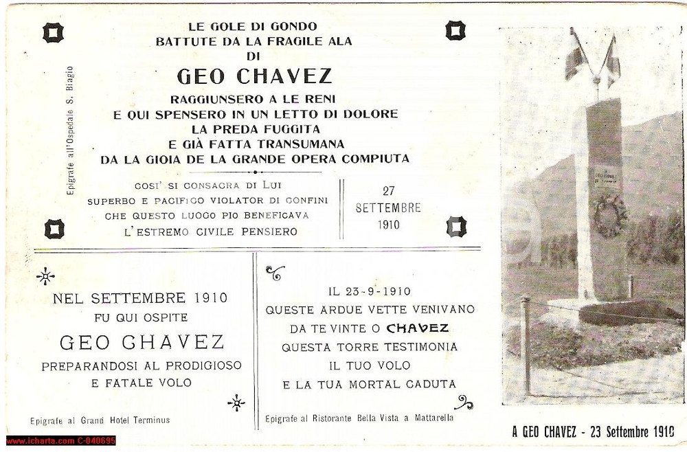 Cartolina originale da collezione 1910 Geo CHAVEZ, lapidi commemorative trasvolata Alpi 1