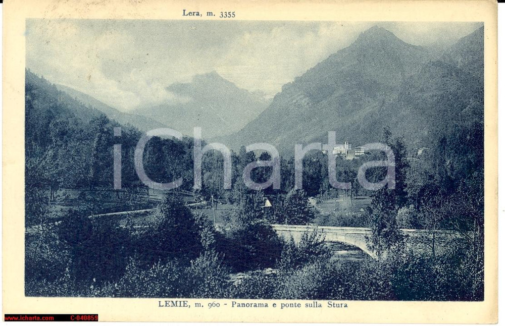Cartolina originale da collezione 1942 Lemie, Valli di Lanzo Panorama e ponte Stura 1