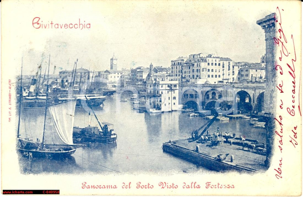 Cartolina originale da collezione 1905 Civitavecchia Porto  Animata con carri e vele 1