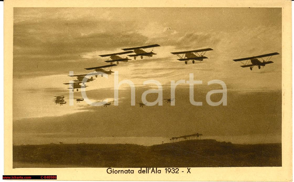 Cartolina originale da collezione 1932 Giornata dell'Ala, aerei biplani Fiat CR 20 in formazione 1