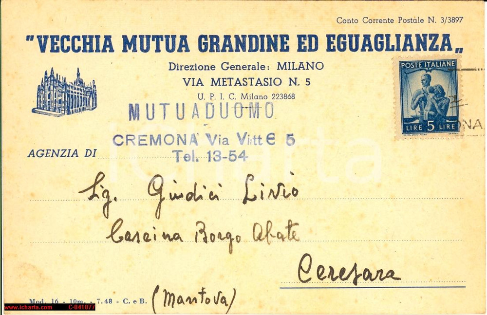 Cartolina originale da collezione 1950 ca CREMONA Vecchia Mutua GRANDINE ED EGUAGLIANZA Cartolina postale 1