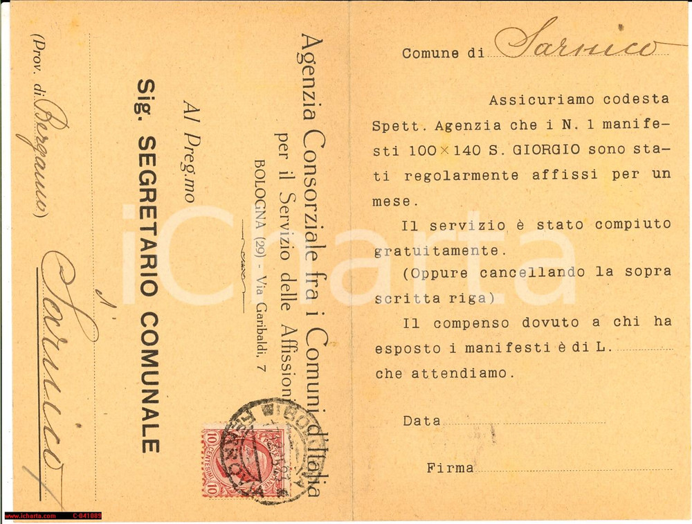 Cartolina originale da collezione 1925 SARNICO (BG) Affissione manifesti S. GIORGIO FP VG 1