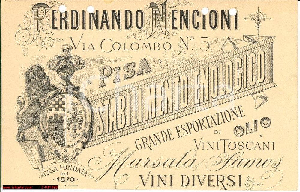 Materiale pubblicitario d’epoca 1898 PISA Stabilimento enologico Ferdinando NENCIONI 1