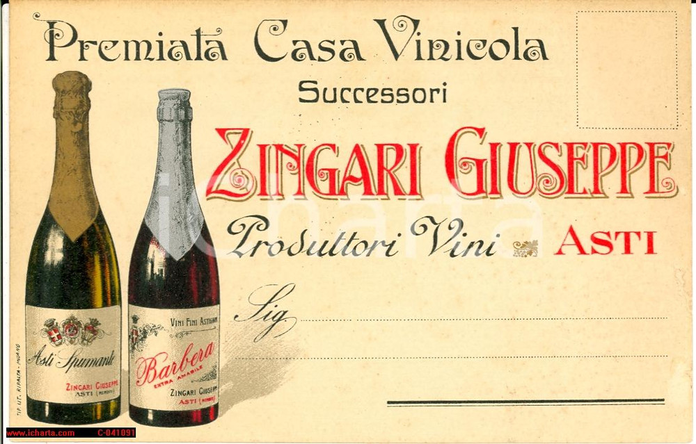 Cartolina originale da collezione 1910 ca ASTI Premiata Casa Vinicola Giuseppe ZINGARI 1