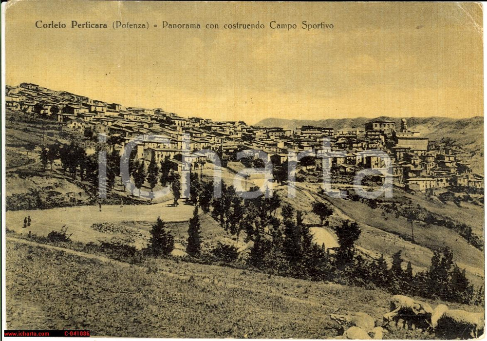 Cartolina originale da collezione 1959 CORLETO PERTICARA PZ Costruendo Campo sportivo 1
