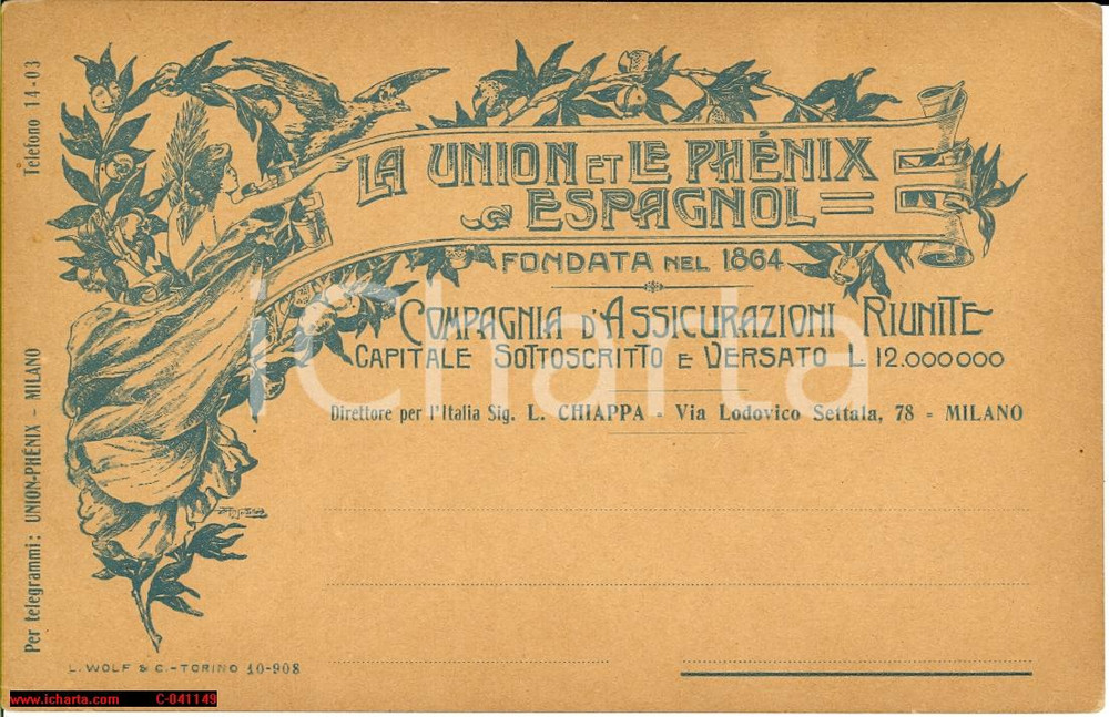 Cartolina originale da collezione 1908 MILANO La UNION ET PHENIX ESPAGNOL Assicurazioni 1