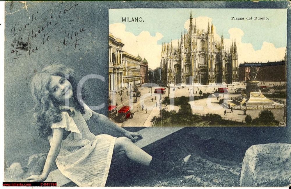 Cartolina originale da collezione 1908 MILANO Piazza del Duomo vedutina BELLA FP VG 1