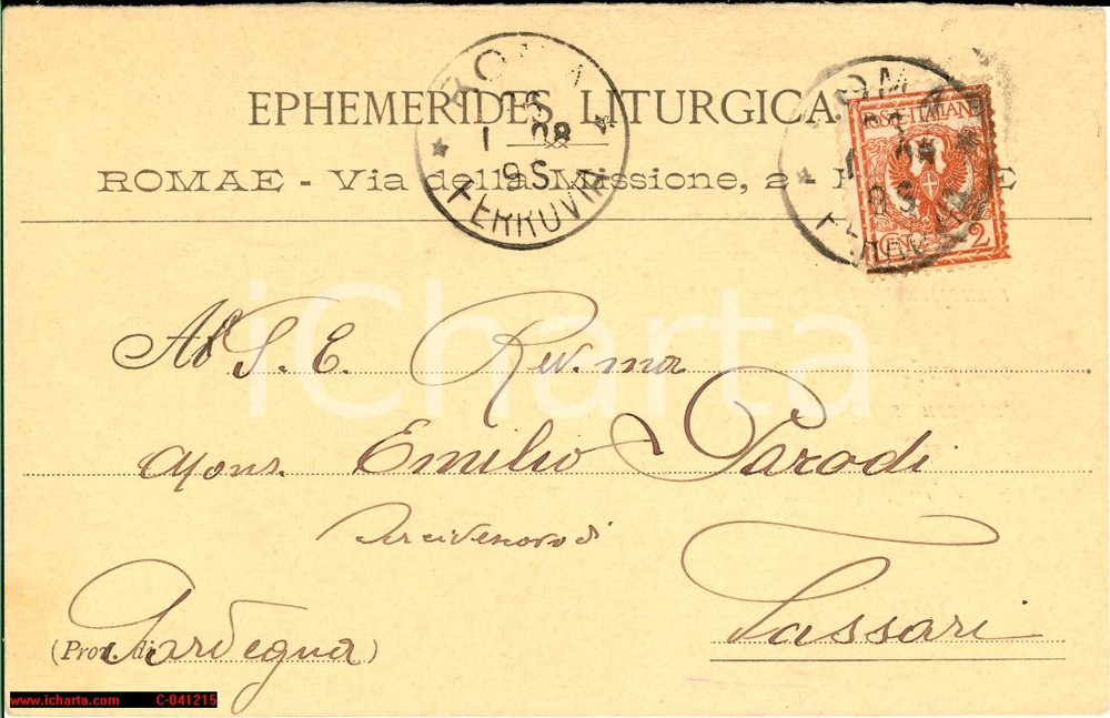 Cartolina originale da collezione 1908 SASSARI Ephemerides Liturgicae Mons. Emilio PARODI 1