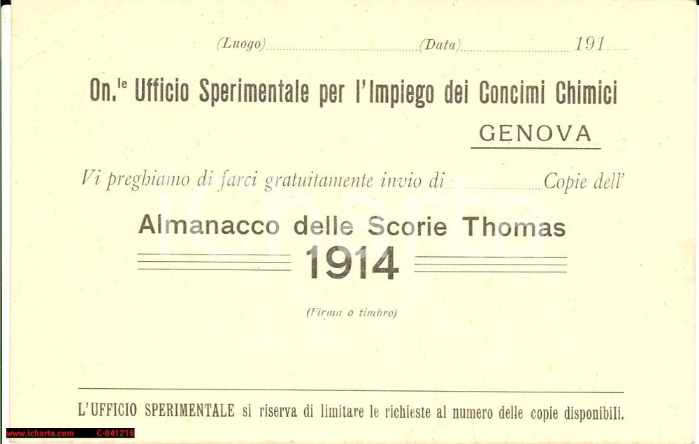 Cartolina originale da collezione 1914 GENOVA Almanacco delle Scorie THOMAS FP NV 1