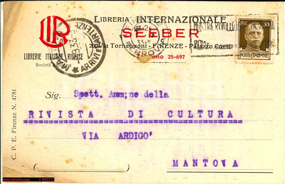 Cartolina originale da collezione 1933 FIRENZE Libreria Internazionale SEEBER FP VG 1