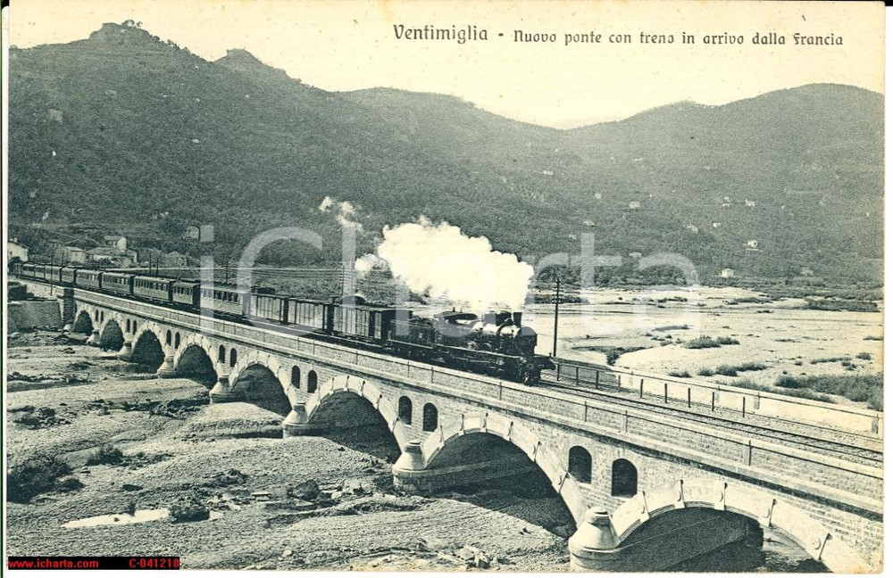 Cartolina originale da collezione 1930 VENTIMIGLIA IM Nuovo ponte con treno in arrivo dalla Francia Cartolina 1