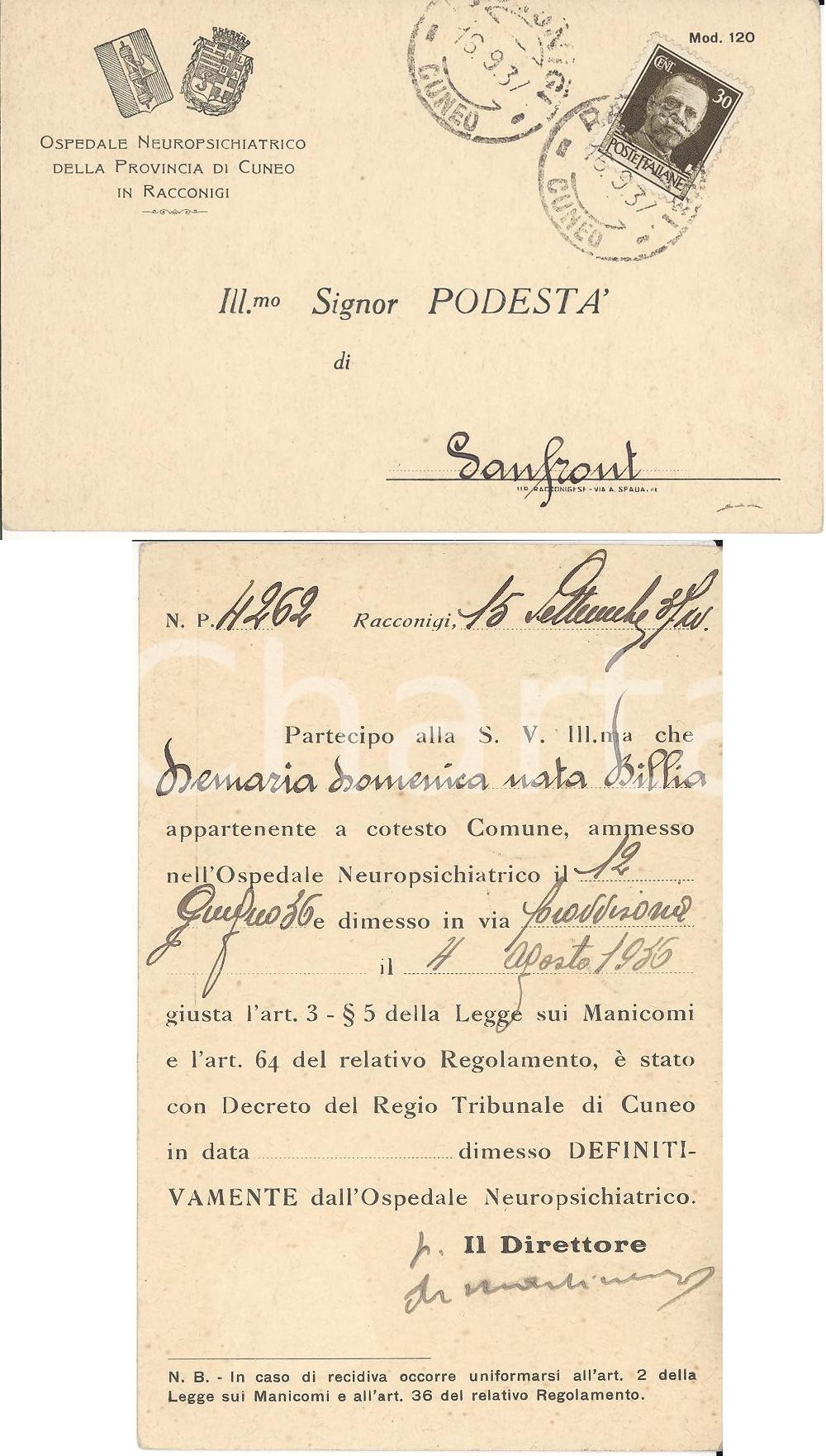 Cartolina originale da collezione 1937 RACCONIGI Domenica BILLIA Osp. Neuropsichiatrico 1