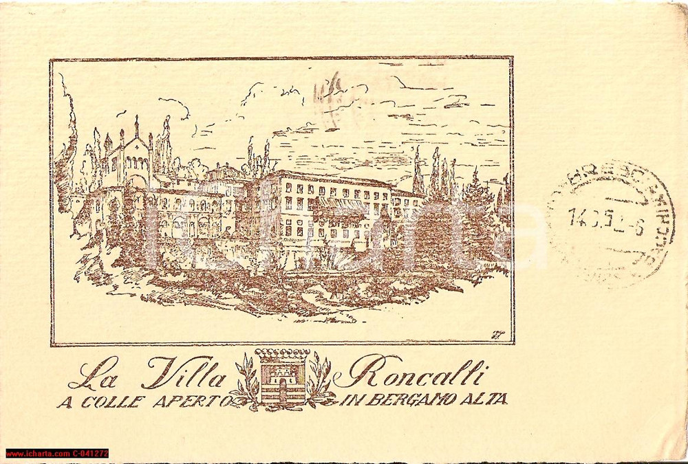 Cartolina originale da collezione 1952 BERGAMO ALTA Villa Roncalli ILLUSTRATA FG VG 1
