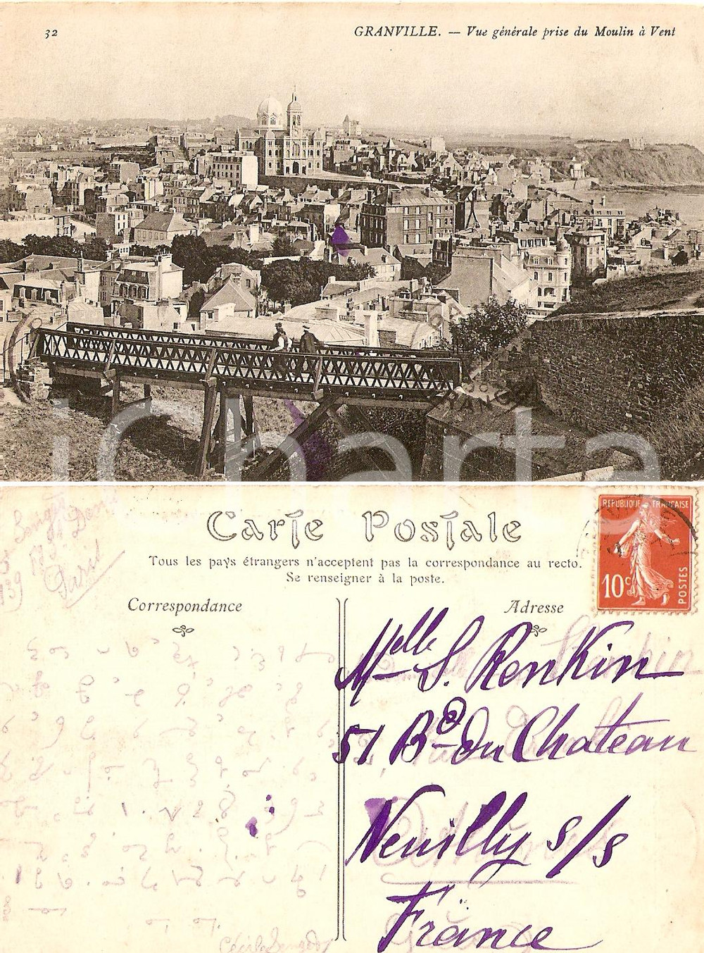 Cartolina originale da collezione 1940 circa GRANVILLE Vue gÃ©nÃ©rale Messaggio IN CODICE 1