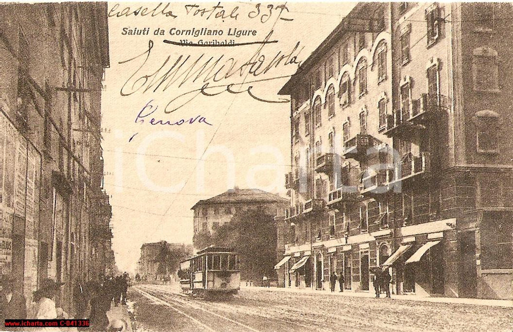 Cartolina originale da collezione 1921 GENOVA Via Garibaldi CORNIGLIANO animata FP VG 1