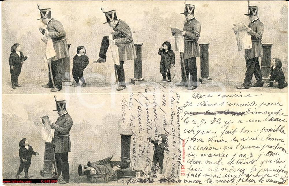 Cartolina originale da collezione 1904 MONTELIMAR Monello tende trabocchetto a soldato VG 1