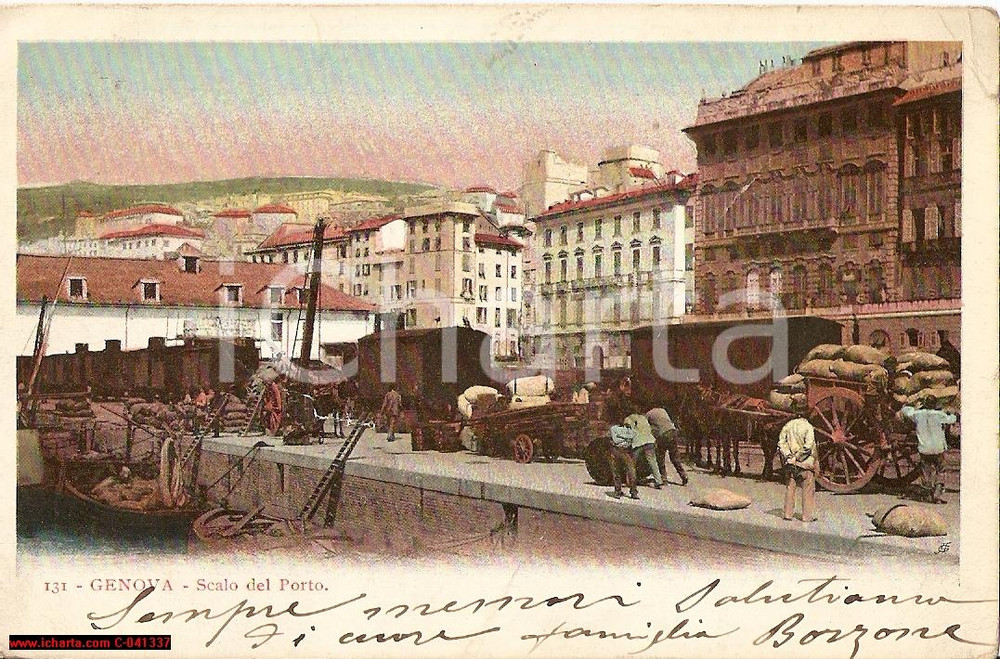 Cartolina originale da collezione 1900 cica GENOVA Scalo del porto ILLUSTRATA colori FP 1