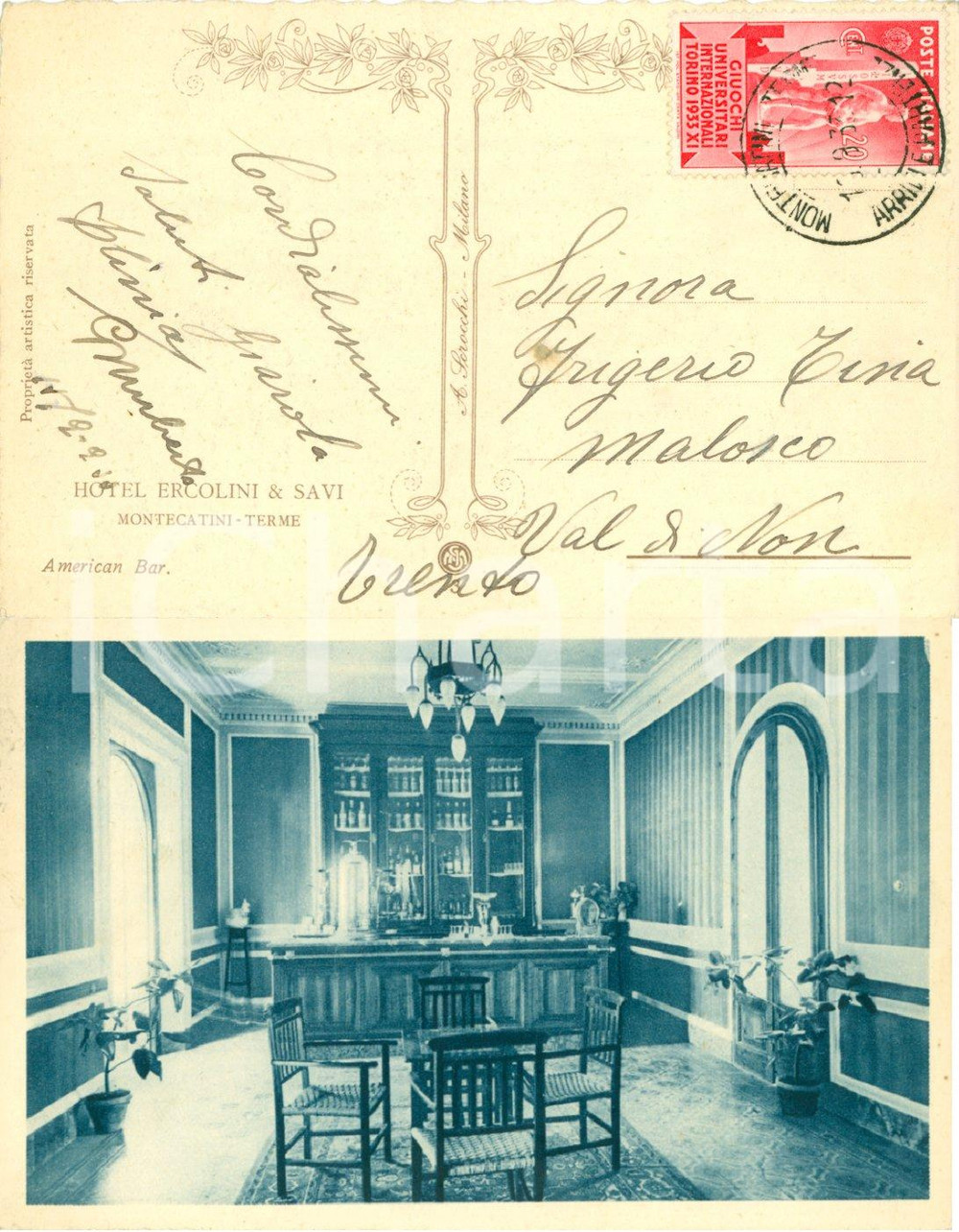 Cartolina originale da collezione 1933 MONTECATINI (PT) American bar Hotel ERCOLINI SALVI 1