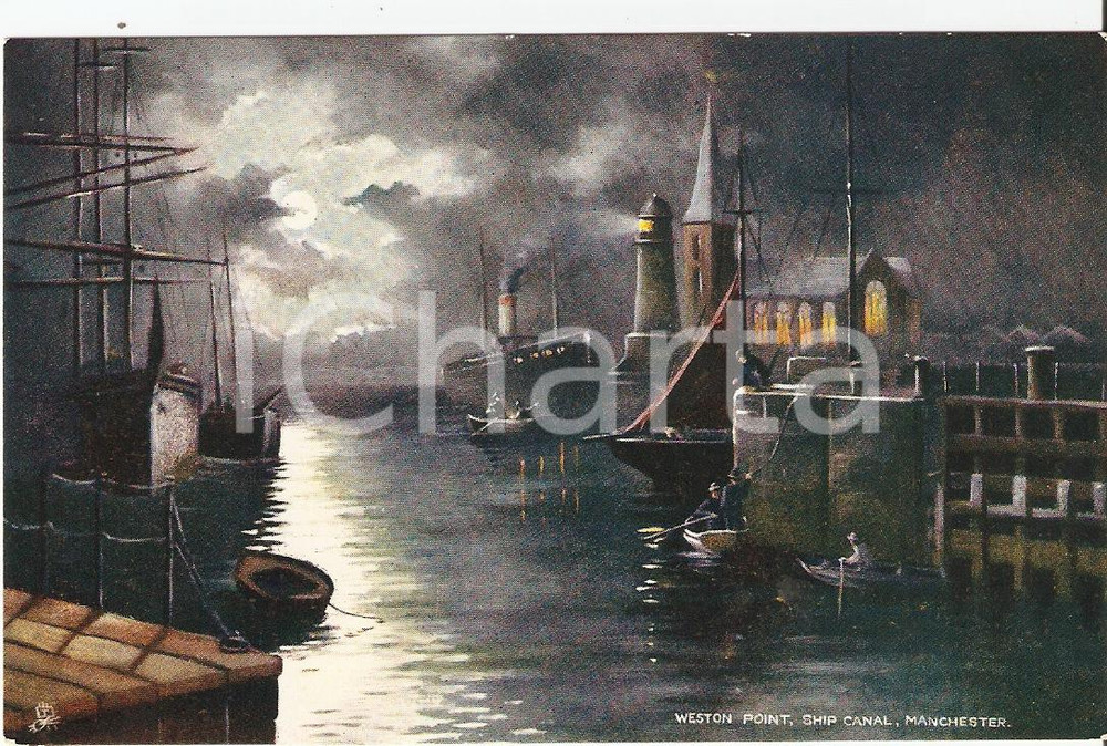 Cartolina originale da collezione 1930 MANCHESTER by Night WESTON POINT FP NV illustrata 1