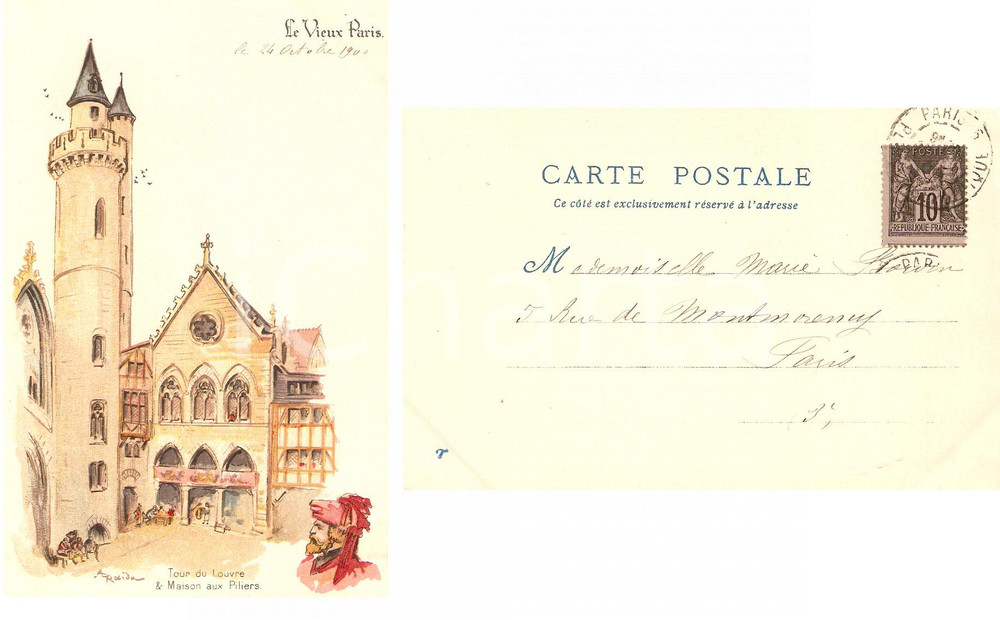 Cartolina originale da collezione 1900 PARIGI Le VIEUX PARIS Tour du LOUVRE FP VG animata 1