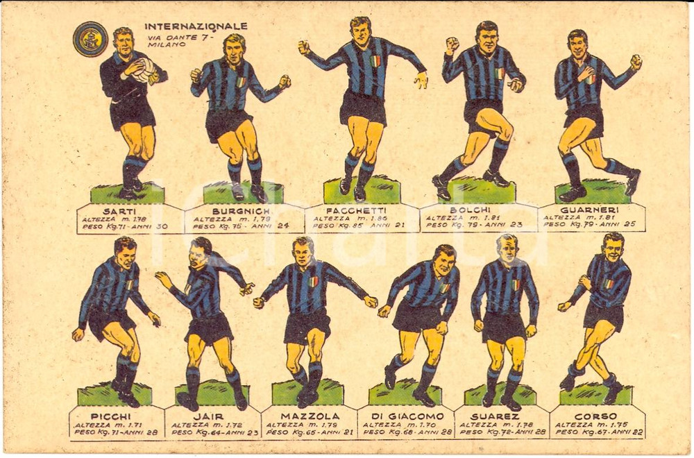 Cartolina originale da collezione 1966 L'INTERNAZIONALE Formazione dell'INTER Illustrata 1