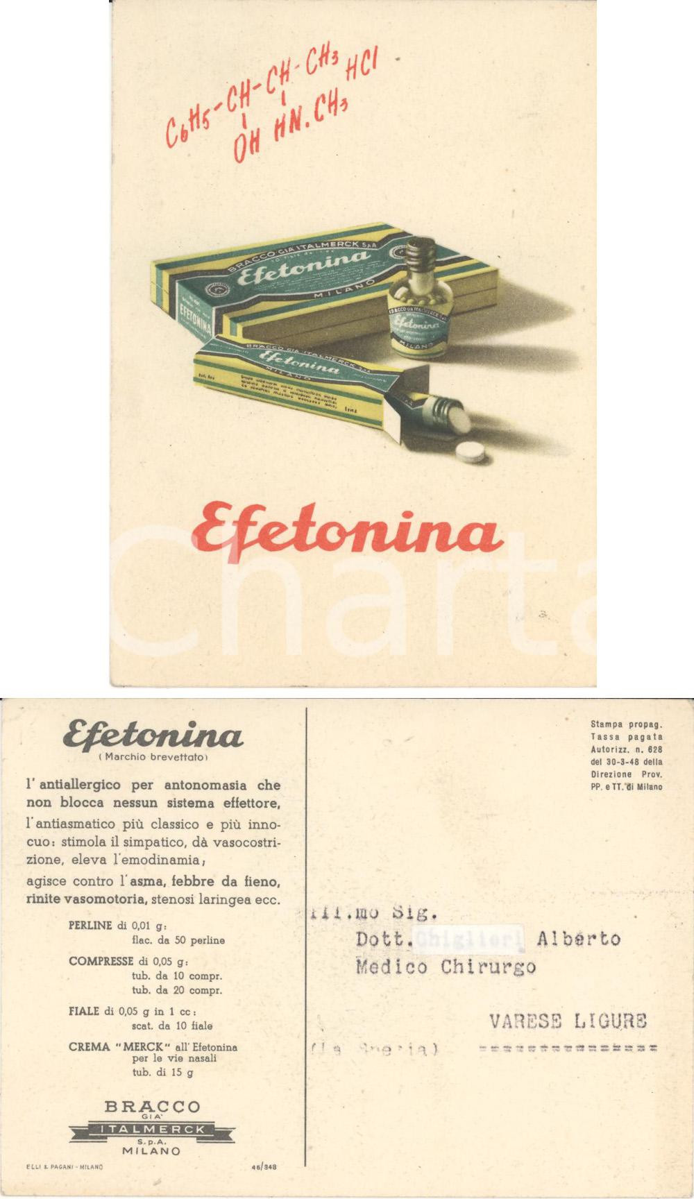 Cartolina originale da collezione 1948 MILANO Laboratori BRACCO Antiallergico EFETONINA Biglietto pubblicitario 1