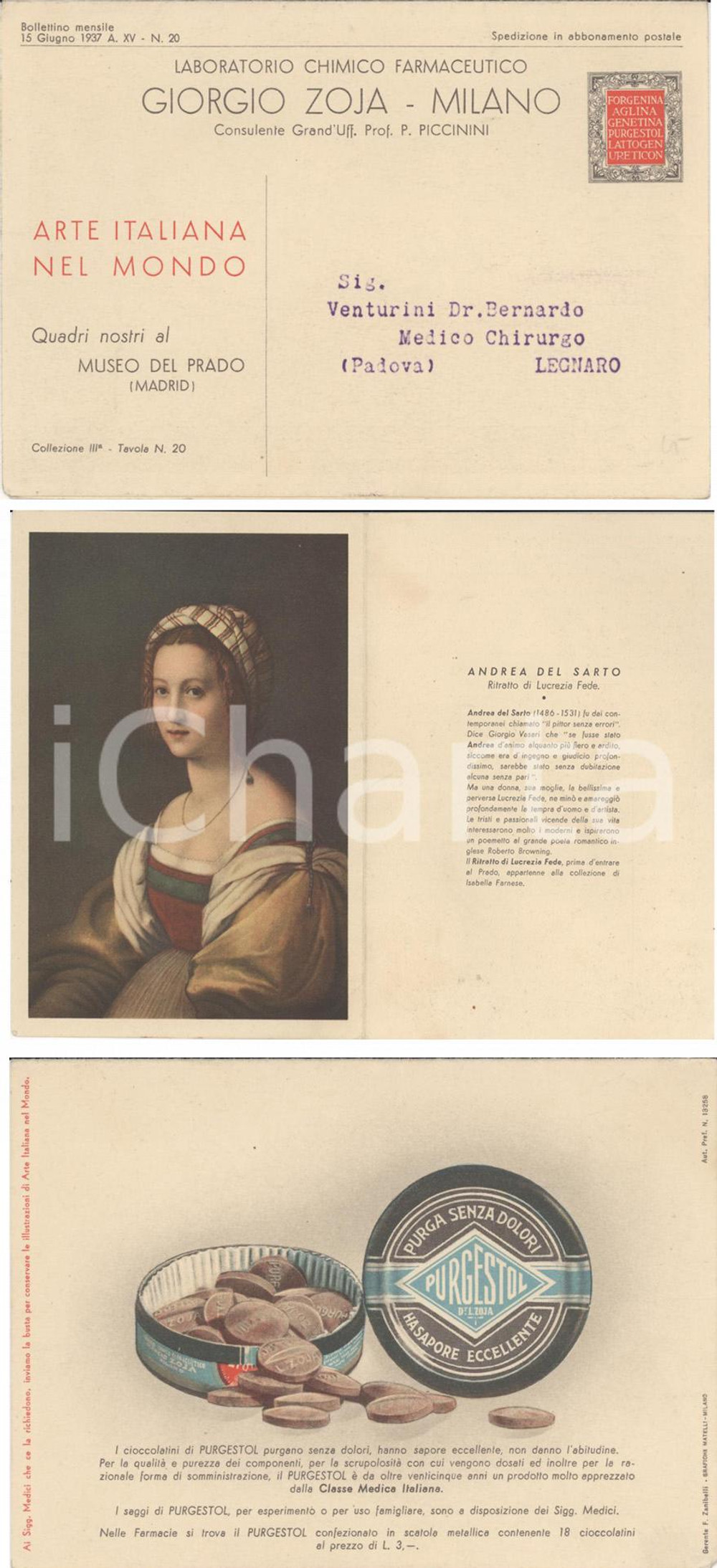Cartolina originale da collezione 1937 MILANO Laboratori chimici Giorgio ZOJA Purgestol 1