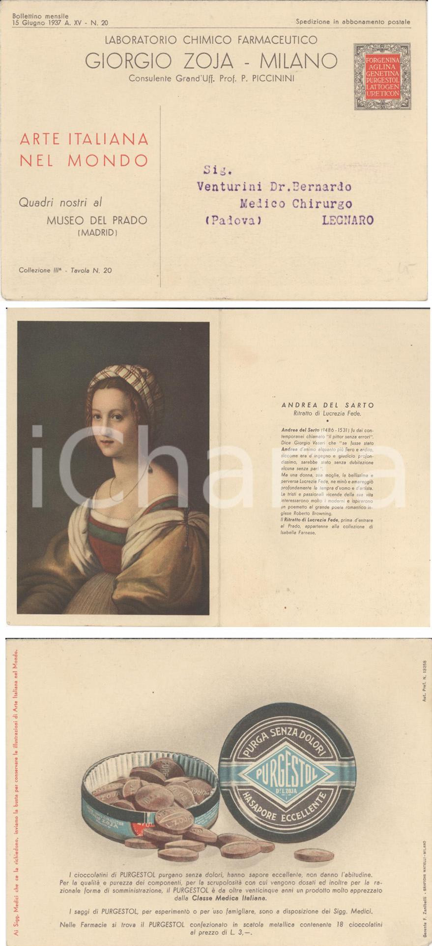 Cartolina originale da collezione 1937 MILANO Laboratori chimici Giorgio ZOJA Purgestol Biglietto pubblicitario 1
