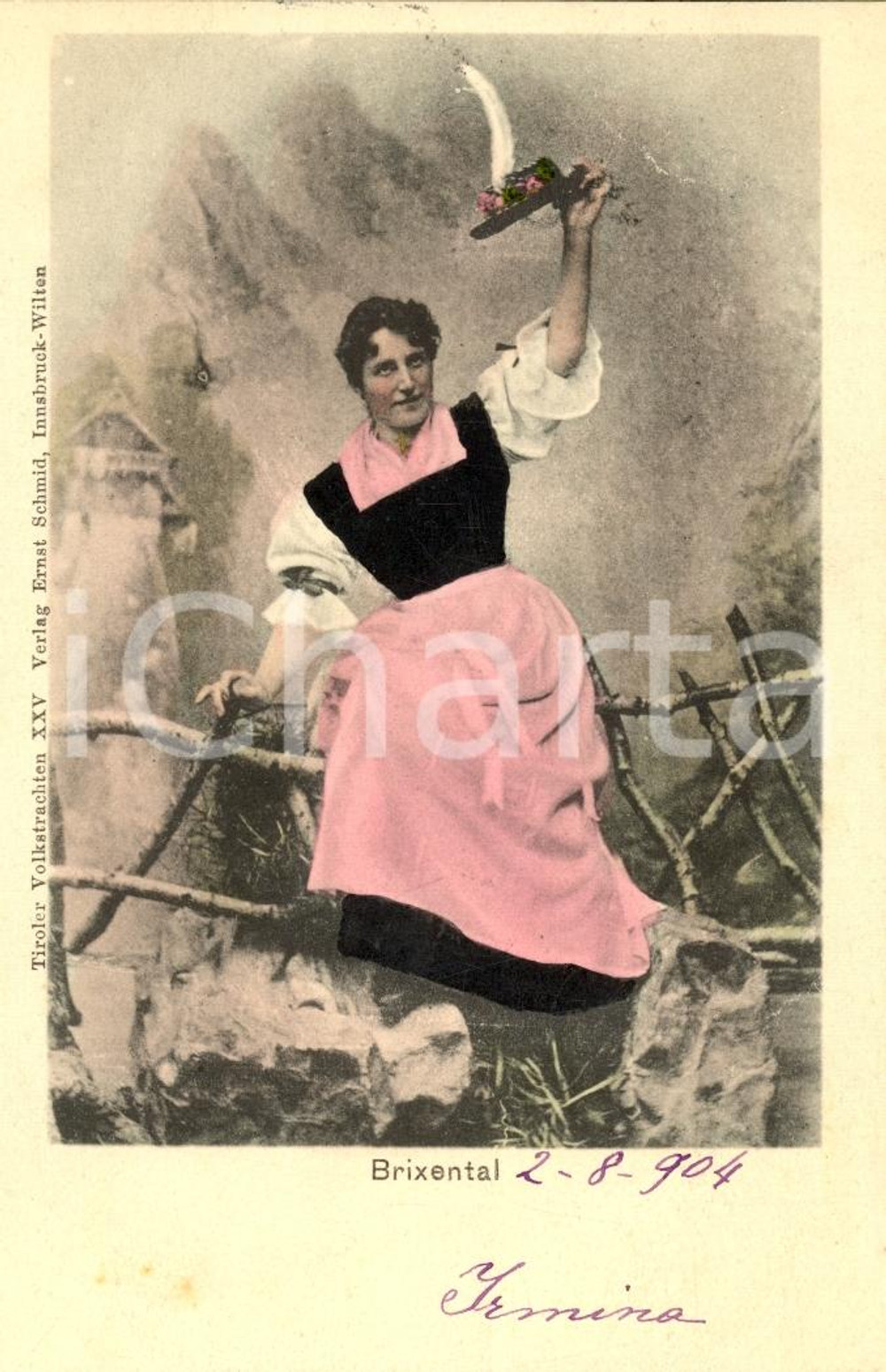 Cartolina originale da collezione 1904 BRIXENTAL (AU) Costumi tipici *Una contadina FP VG 1