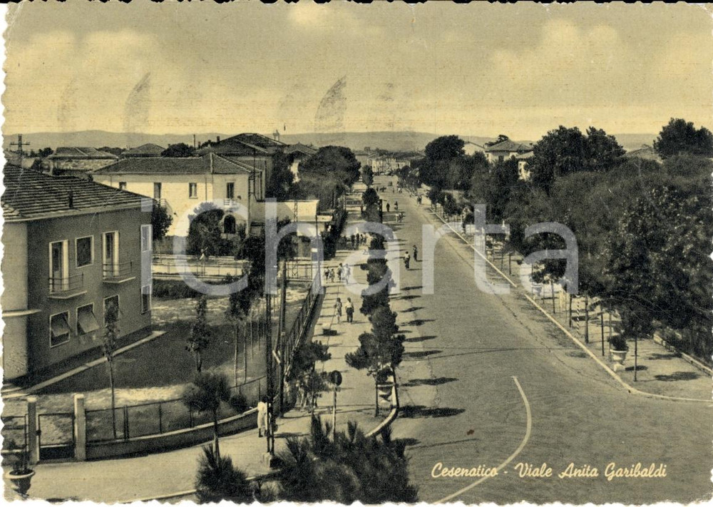 Cartolina originale da collezione 1953 CESENATICO (FC) Viale Anita GARIBALDI Animata FG 1