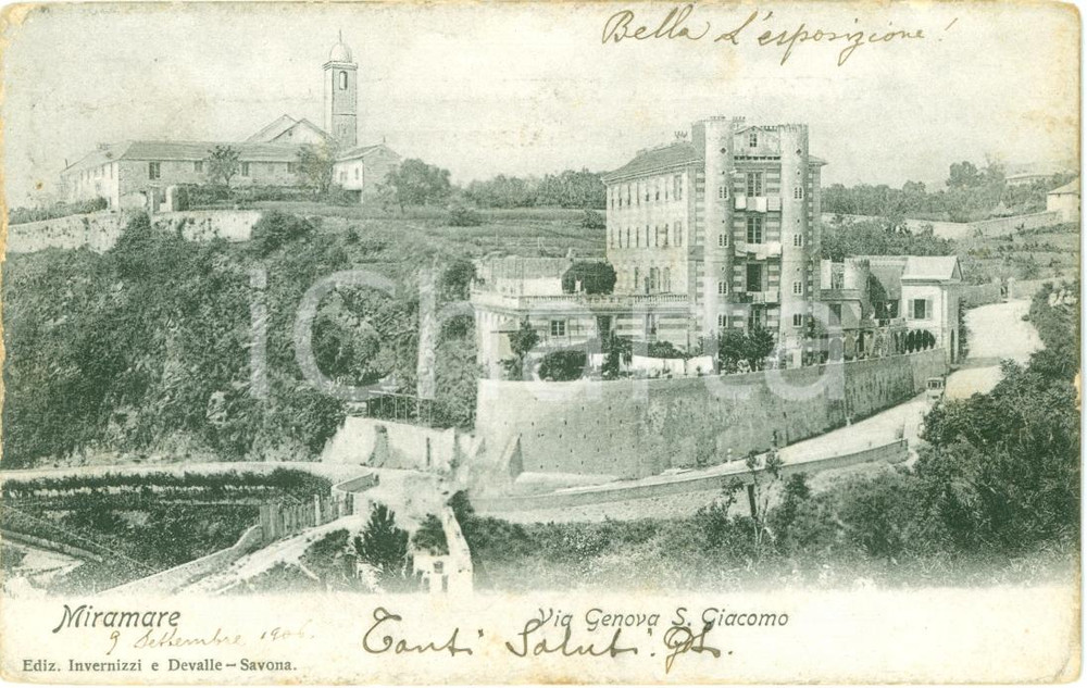 Cartolina originale da collezione 1906 SAVONA Chiesa di SAN GIACOMO e Miramare Cartolina FP VG 1