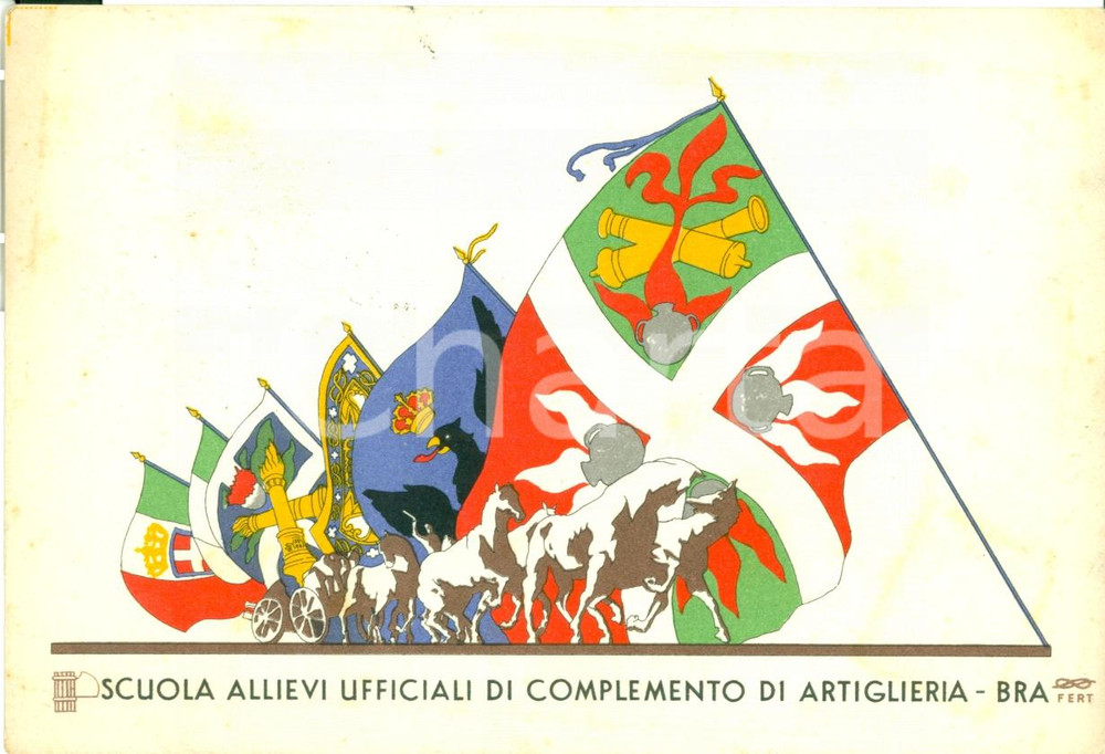 Cartolina originale da collezione 1937 BRA CN Scuola allievi ufficiali complemento artiglieria ILLUSTRATA FG VG 1
