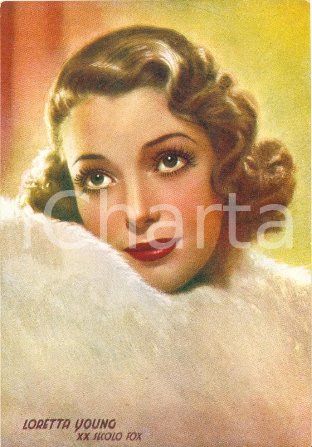 Cartolina originale da collezione 1940 ca LORETTA YOUNG Illustrata su foto XX SECOLO FOX Cartolina FG NV 1