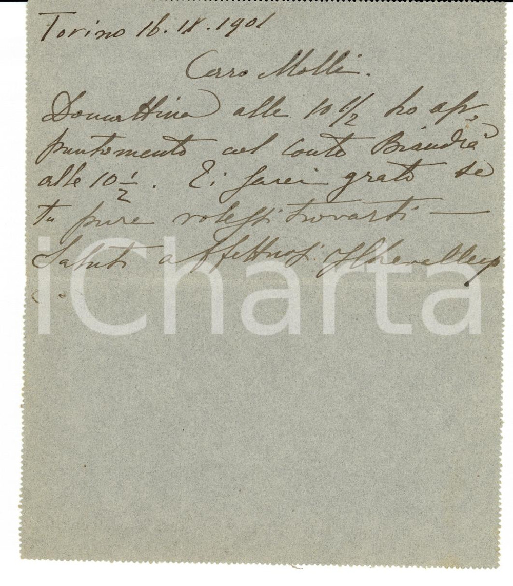 Autografo originale 1901 TORINO Giovanni CHEVALLEY incontra Massimo BIANDRA' DI REAGLIE 1