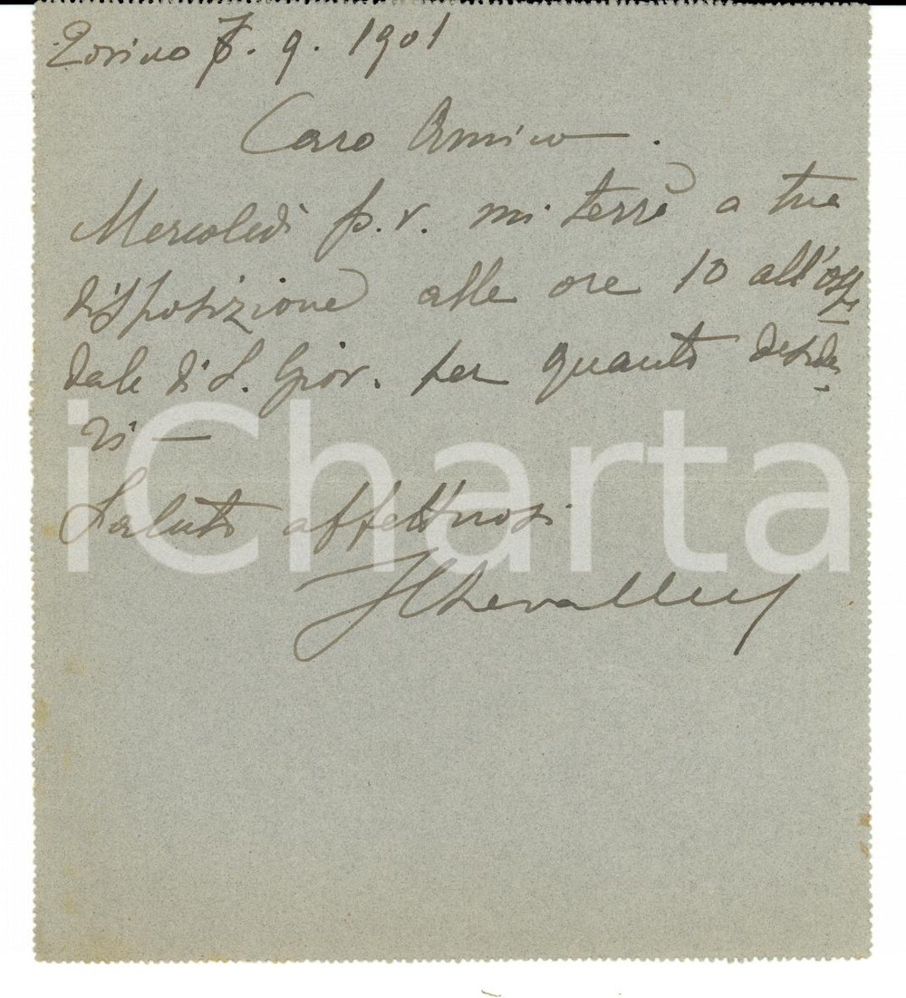 Autografo originale 1901 TORINO Giovanni CHEVALLEY in visita alle MOLINETTE Autografo 1