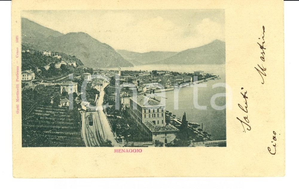 Cartolina originale da collezione 1901 MENAGGIO CO Panorama con il lago ANIMATA treno FP VG 1