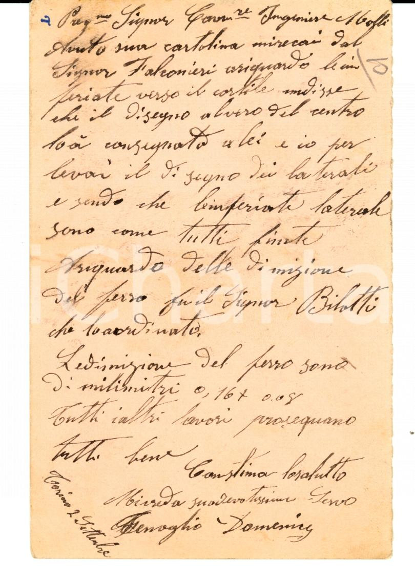 Documento originale, autentico 1904 TORINO Capomastro Domenico FENOGLIO all'ing. Stefano MOLLI 1
