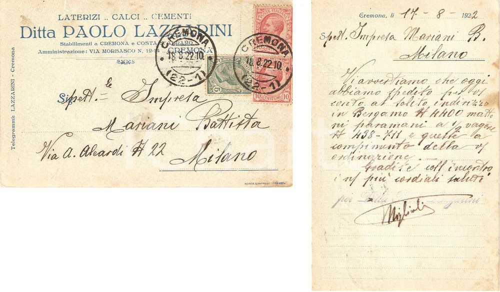 Cartolina originale da collezione 1922 CREMONA Laterizi calci cementi Paolo LAZZARINI Spedizione mattoni FP VG 1