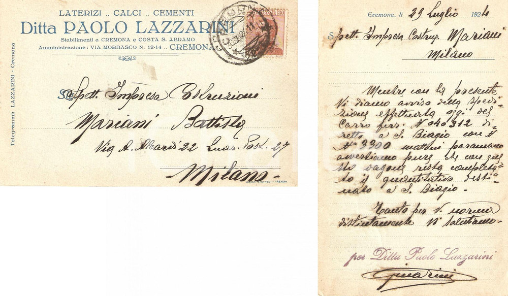 Cartolina originale da collezione 1924 CREMONA Laterizi calci cementi Paolo LAZZARINI Carro ferroviario mattoni 1