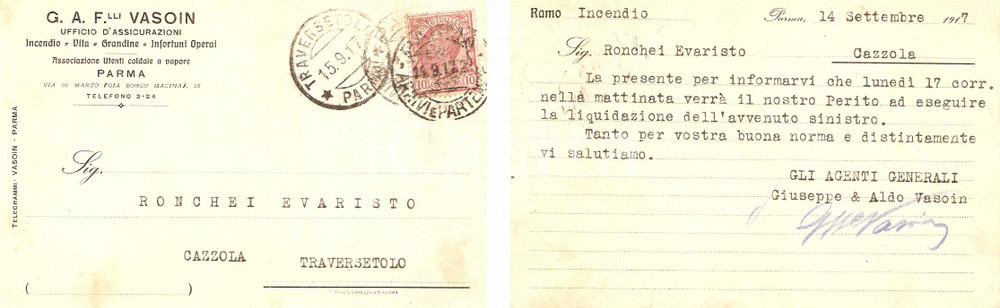 Cartolina originale da collezione 1917 TRAVERSETOLO PR Evaristo RONCHEI Assicurazioni VASOIN Cartolina 1