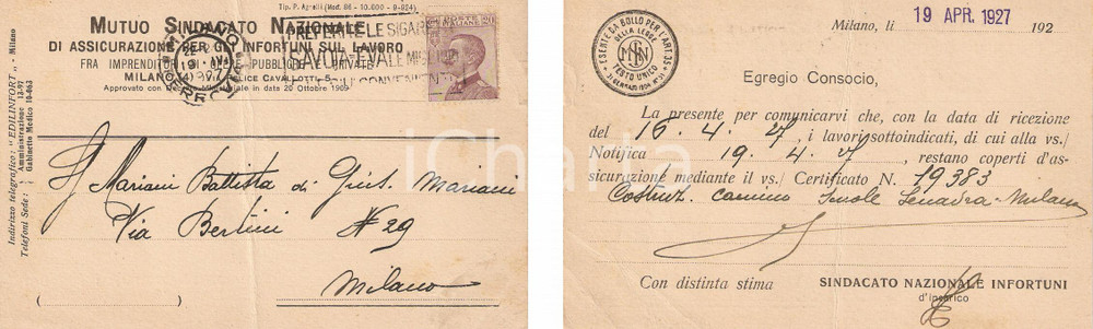 Cartolina originale da collezione 1927 MILANO Mutuo Sindacato Naz. Assicuraz. Infortuni a MARIANI Battista FP VG 1