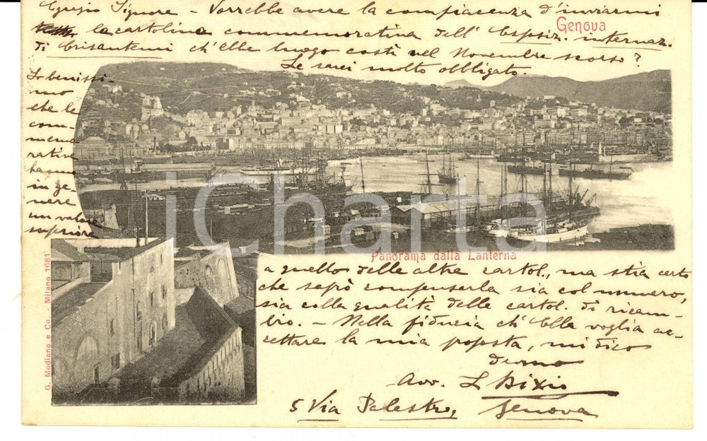 Cartolina originale da collezione 1903 GENOVA Panorama della Lanterna Autog. Luigi BIXIO FP VG 1