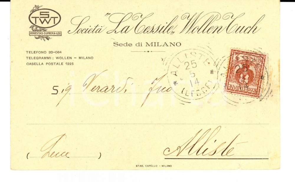 Cartolina originale da collezione 1914 MILANO SocietÃ  LA TESSILE Wollen Tuch - pubblicitaria FP VG 1