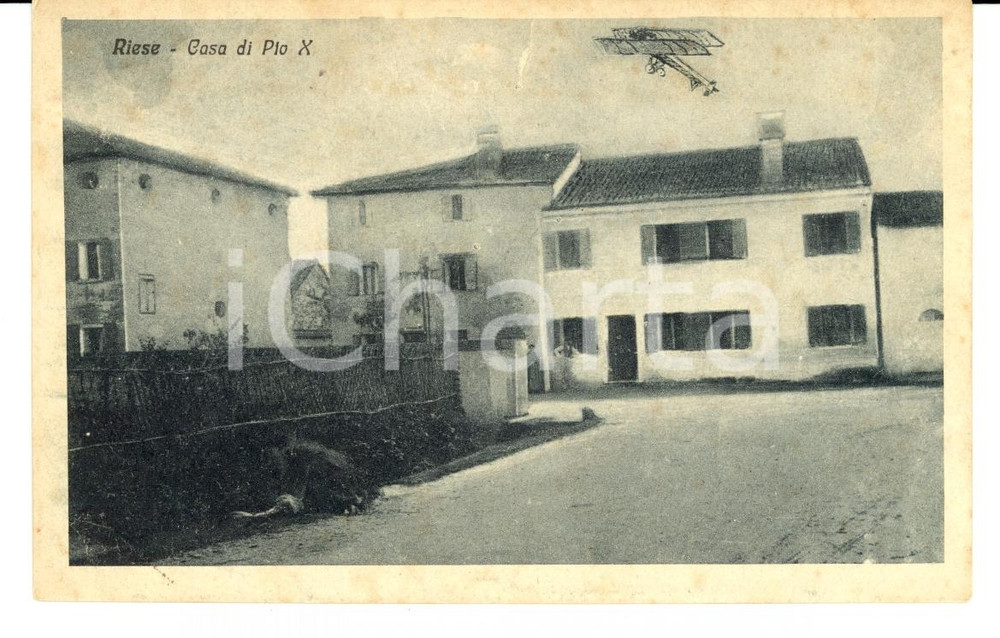 Cartolina originale da collezione 1918 WW1 RIESE (TV) Casa di Pio X con aeroplano FP NV 1