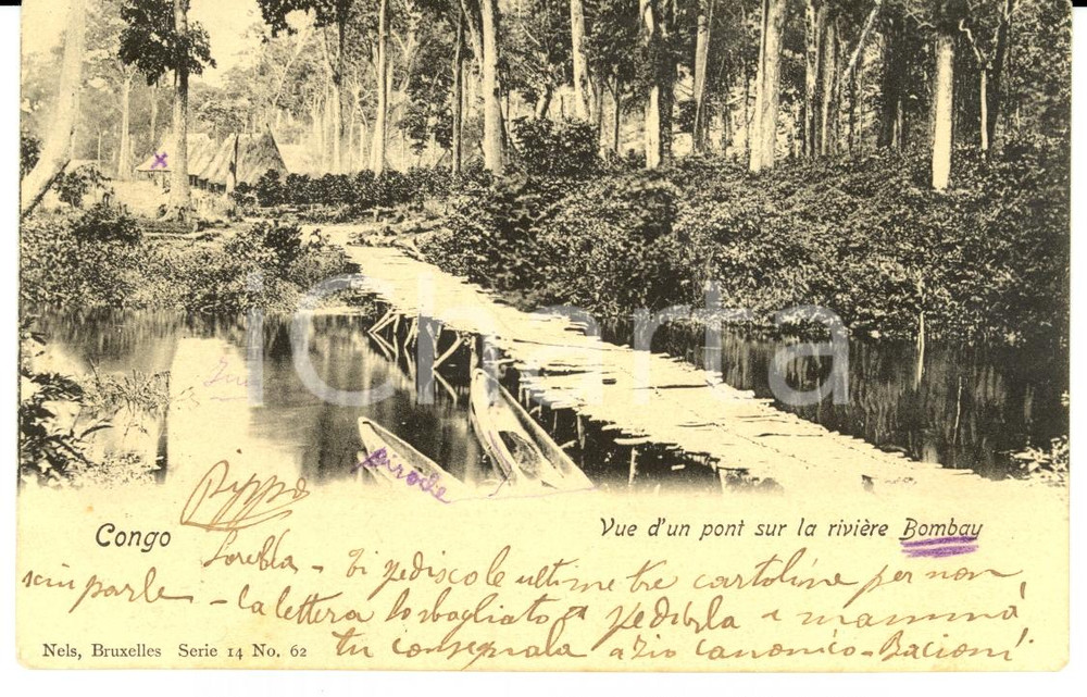 Cartolina originale da collezione 1903 CONGO BELGE Vue d'un pont sur la riviÃ¨re BOMBAY *Cartolina FP VG 1