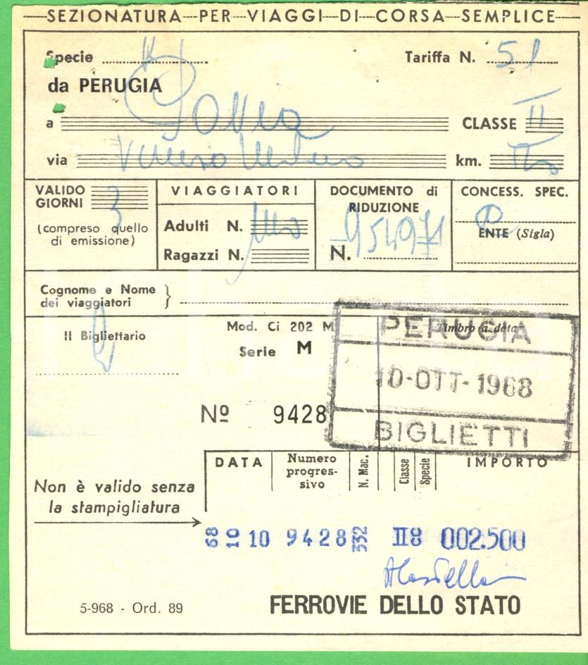 Oggetto da collezione cartaceo 1968 FERROVIE DELLO STATI Biglietto PERUGIA PAVIA II classe 1