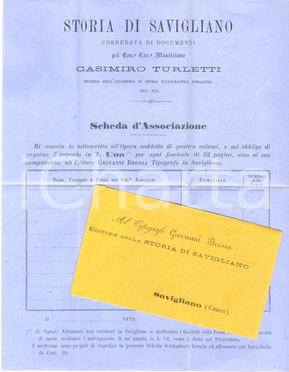 Documento originale, autentico 1879 Scheda d'associazione STORIA DI SAVIGLIANO Casimiro Turletti Editore Bressa 1